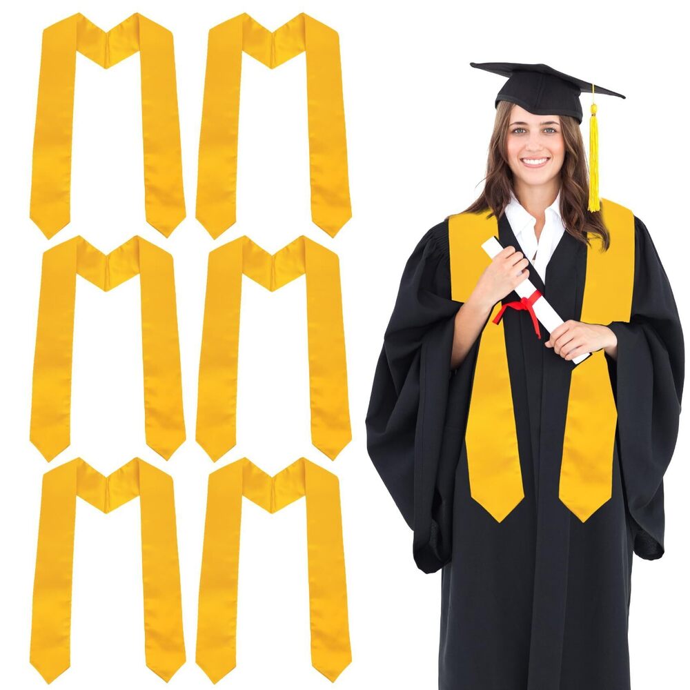 9673 Graduation Stole 2025, 6 Pcs 70" Gold Plain Graduation Honor Stole